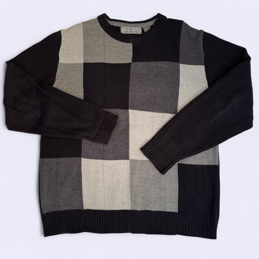 Oscar de la Renta Black & Grey Checkered Sweater #DesignerVintage